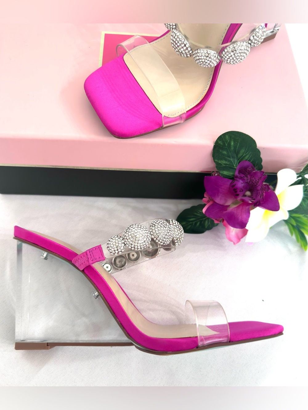BETSEY JOHNSON ~ Pink Satin Acrylic Platform Shoes w/Silver Rhinestone Accents - Picture 10 of 12